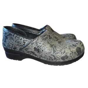 Sanita Professional Clogs 10 41 Black Gray Floral Tooled Leather Slip On Nursing